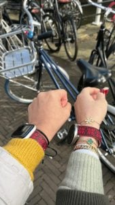 Zamani customer wearing Tatreez watch band