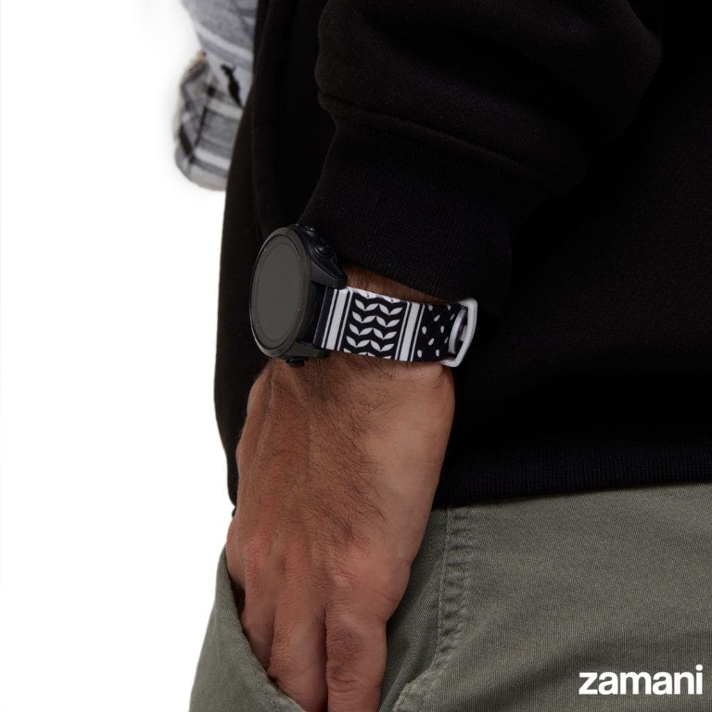 Person wearing Zamani Keffiyeh watch band - lifestyle photo