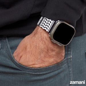 Person wearing zamani kaffiyeh watch strap - lifestyle photo