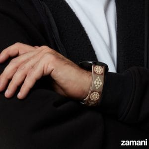 Person wearing Zamani Wood Mosaic watch band - lifestyle photo
