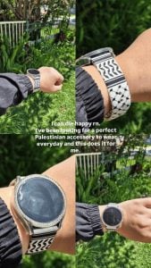 Zamani customer wearing Keffiyeh Olive Green Engraved watch band