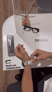 Zamani customer wearing Keffiyeh Olive Green Engraved watch band