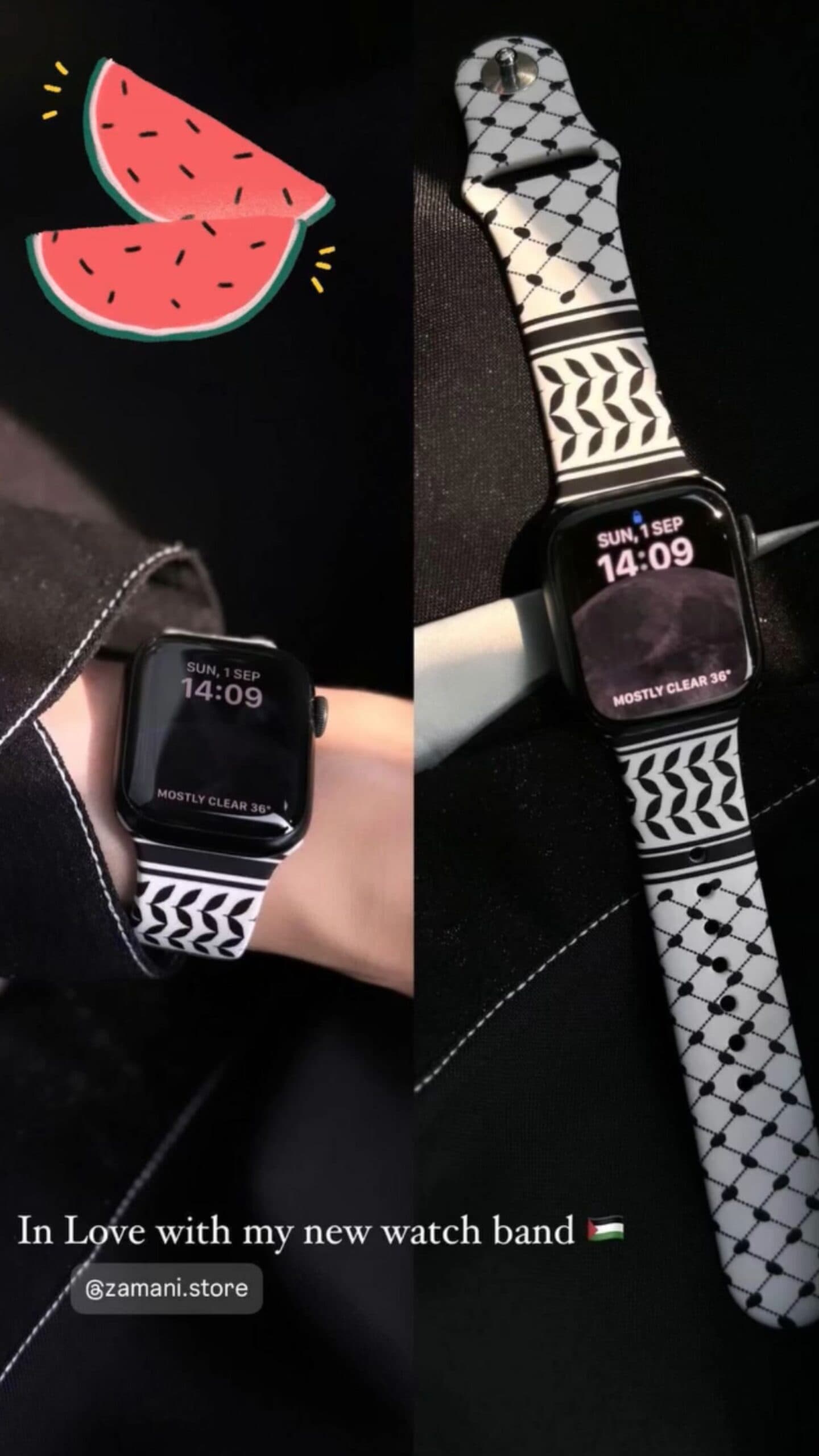 Watermelon sticker, black and white patterned smartwatch band on Apple Watch, stylish accessories from Zamani.