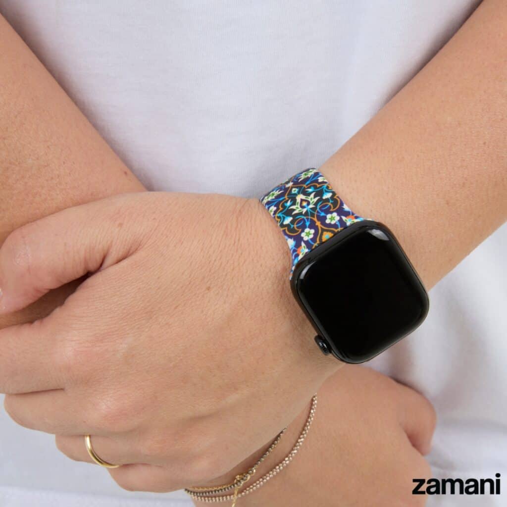 Persian Tiles Blue watch band on Apple Watch, midnight blue arabesques