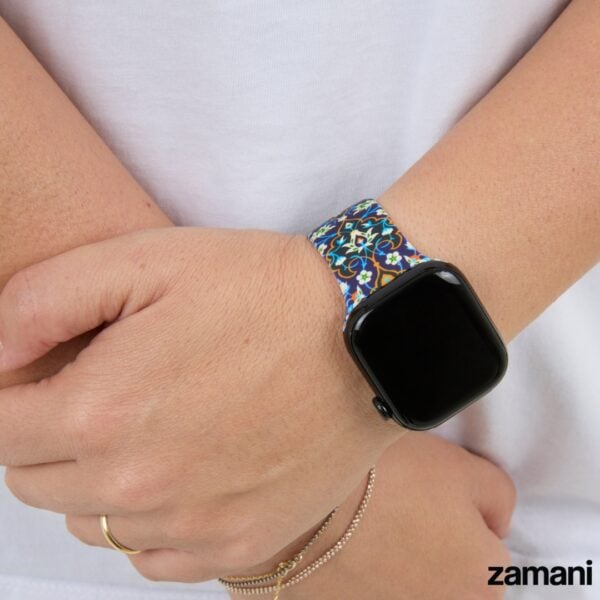 Persian Tiles Blue watch band on Apple Watch, midnight blue arabesques