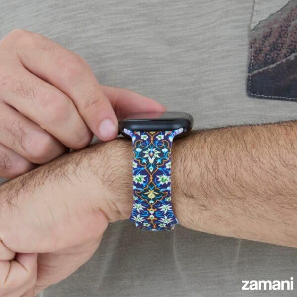 Persian Tiles Blue Apple Watch band close-up, layered blossoms pattern