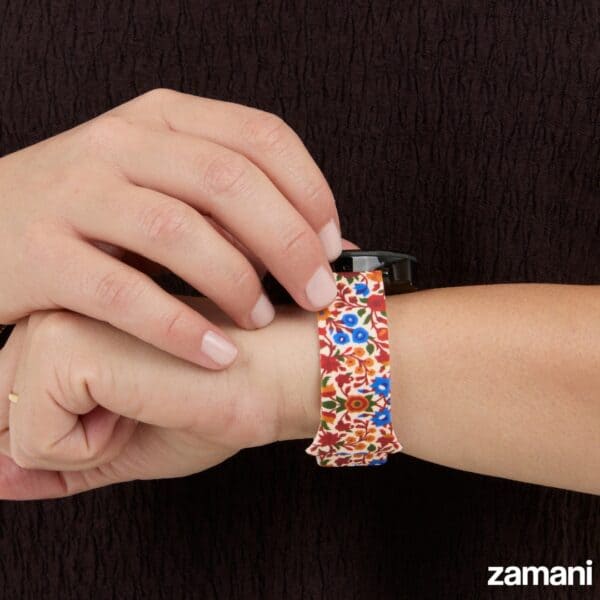 Persian Carpet watch band on wrist, heritage rug-inspired pattern