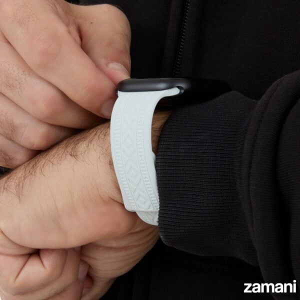 Sadu Engraved Apple Watch band close-up, minimal heritage pattern