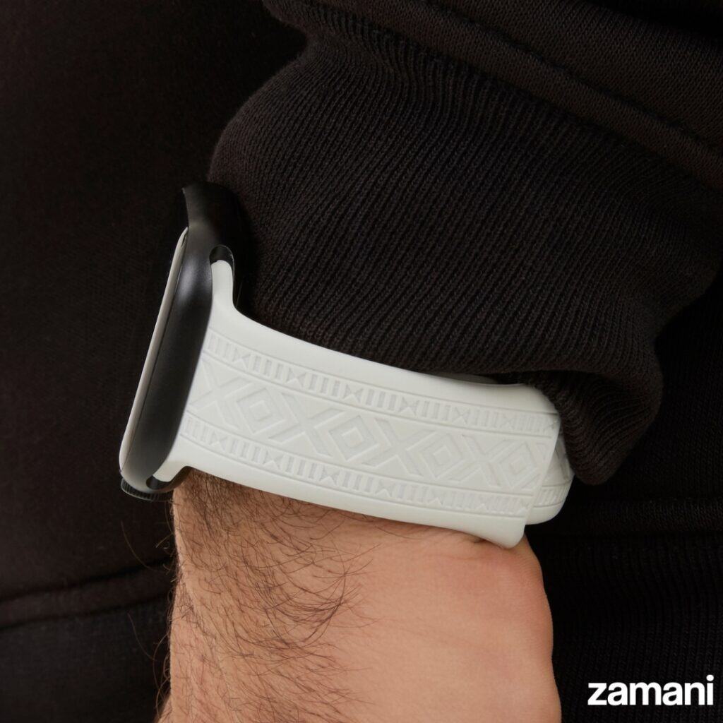 Sadu Engraved watch band on Apple Watch, subtle Bedouin geometric pattern