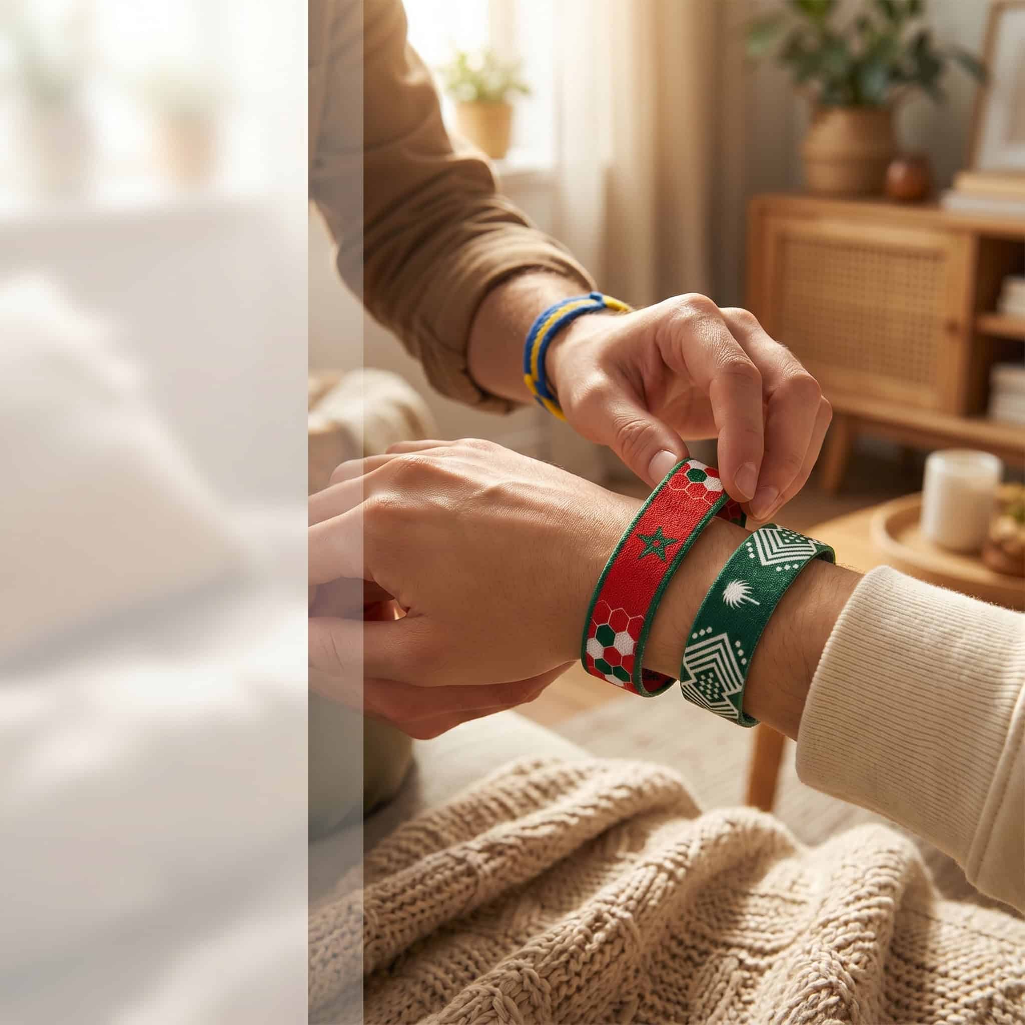 Placing a reversible Beautiful Game football band on someone wrist