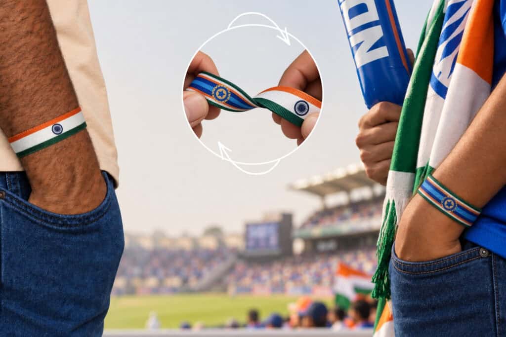 India cricket wristband worn on the wrist, jersey side and flag side