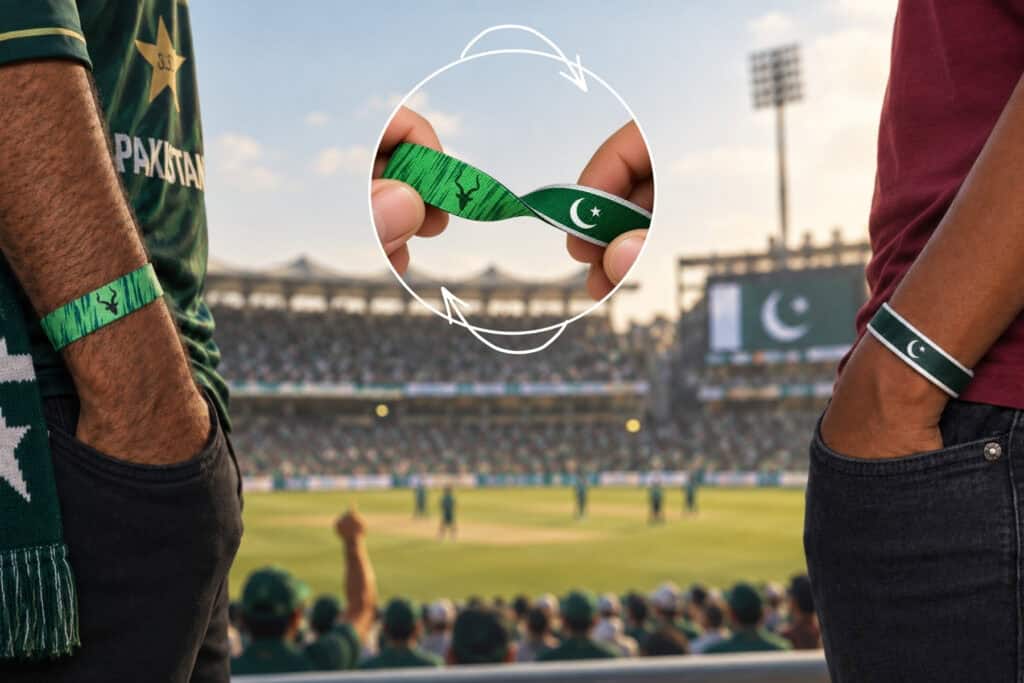 Pakistan cricket wristband worn on the wrist, jersey side and flag side