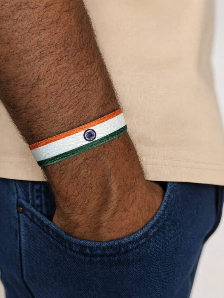 India cricket wristband worn on the wrist, flag side out