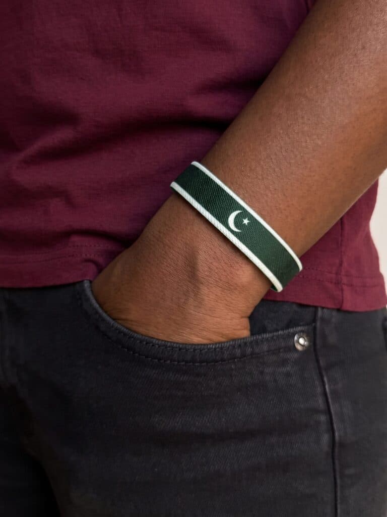 Pakistan cricket wristband worn on the wrist, flag side out