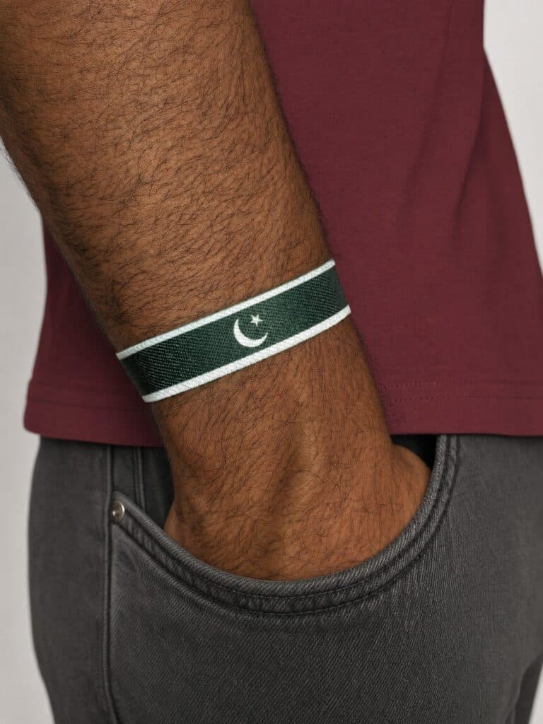 Pakistan cricket wristband worn on the wrist, flag side out