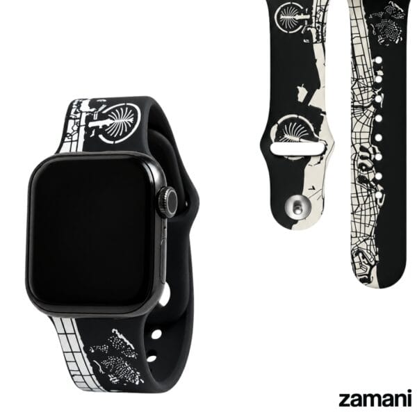 Dubai It Apple Watch band, black silicone printed with the Dubai coastline, Palm Jumeirah and road grid