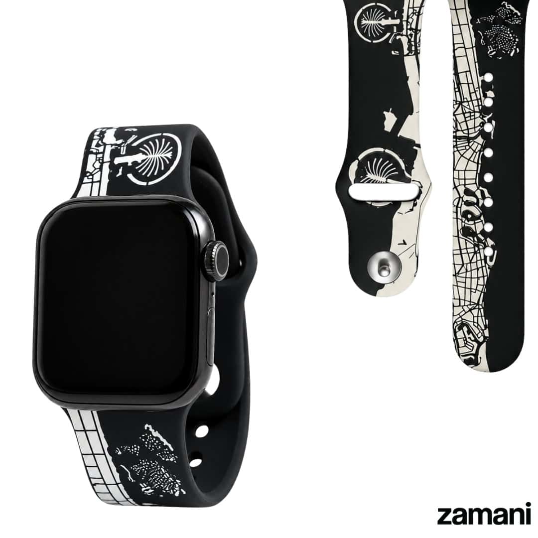 حزام دبي الأفعال لساعة Apple Watch Dubai It Apple Watch band, black silicone printed with the Dubai coastline, Palm Jumeirah and road grid