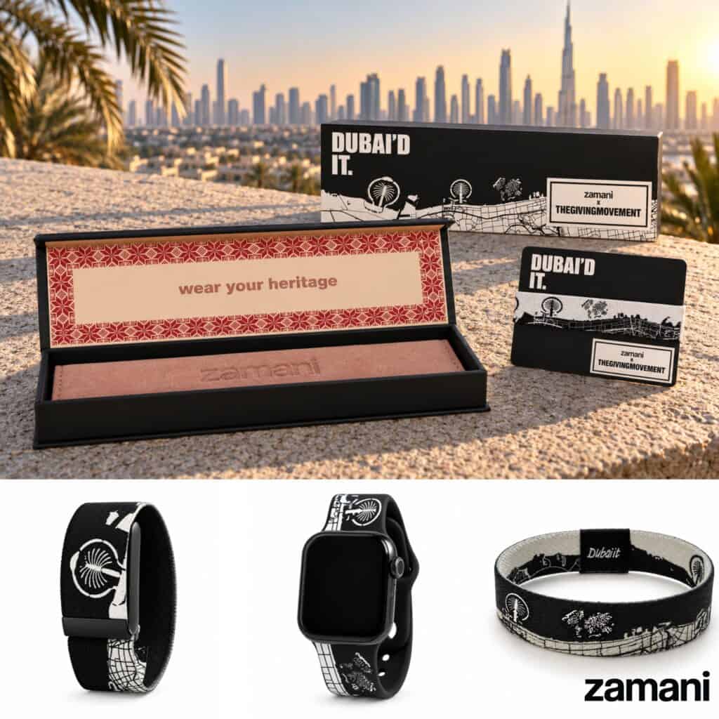 The Giving Movement Edition set: the watch band and the Dubai It wristband