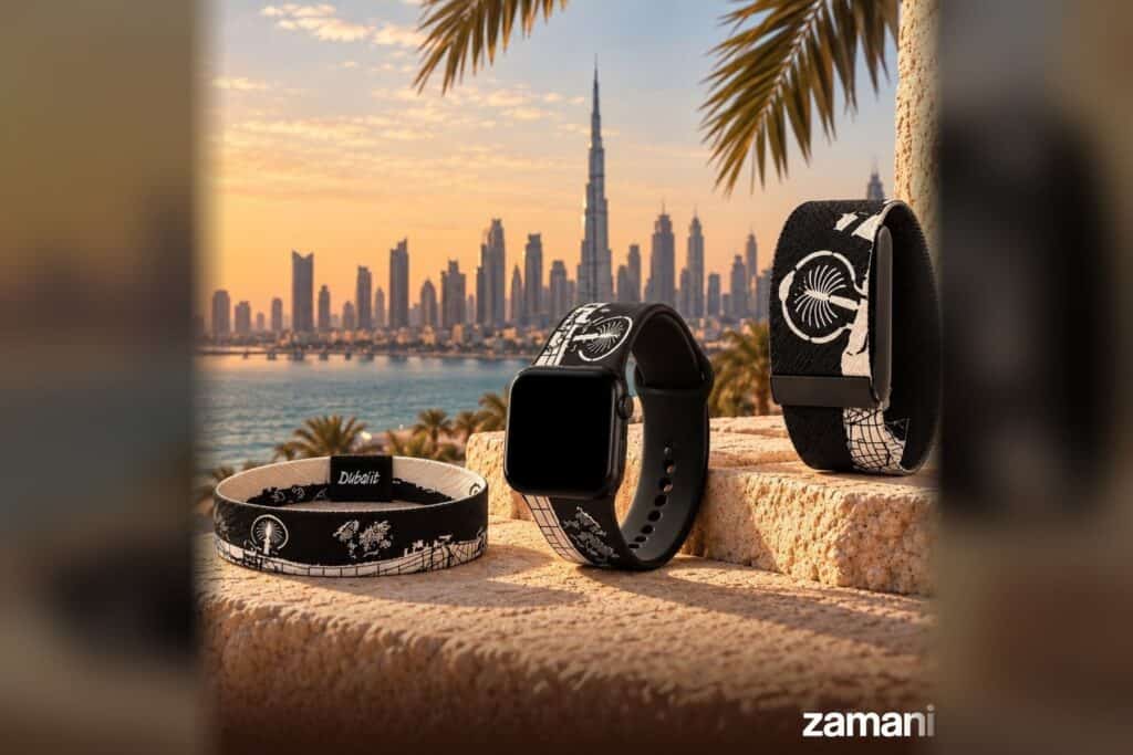 The Dubai It wristband, Apple Watch band and WHOOP band in front of the Dubai skyline at sunset