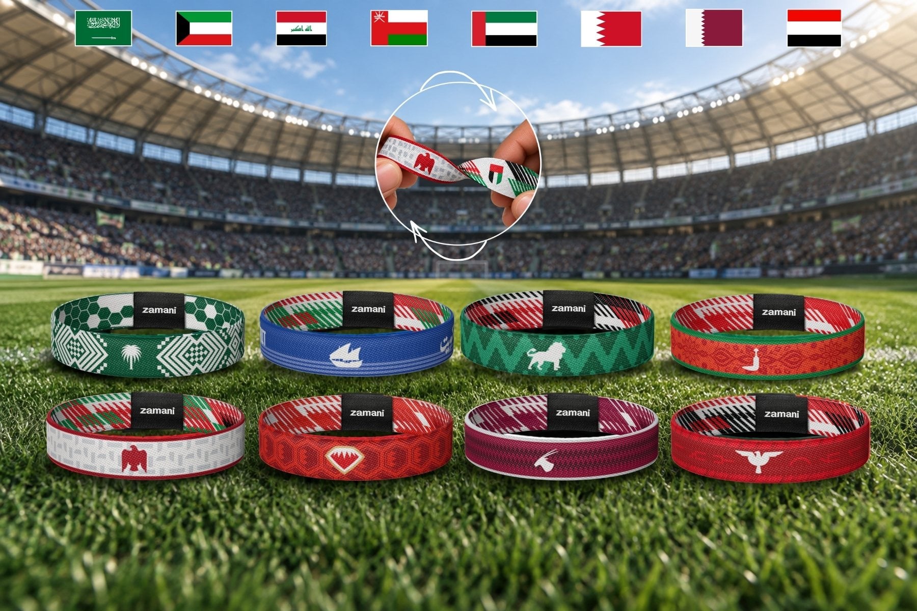 The eight Khaleeji wristbands on a stadium pitch beneath the eight national flags, one twisted to show its reversible side