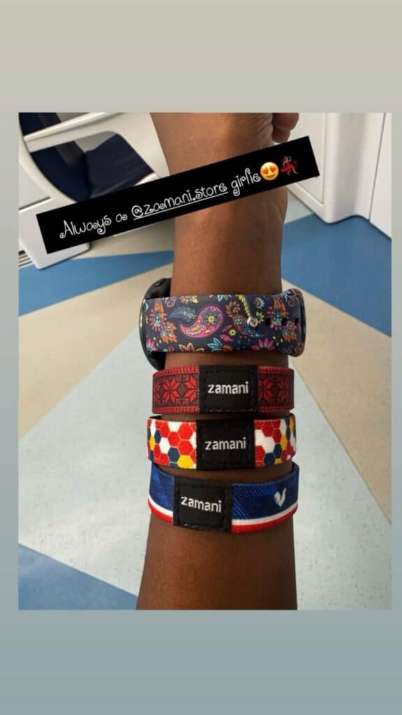 Paisley band stacked with Tatreez and The Beautiful Game wristbands